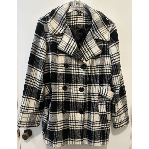 George Jackets & Blazers - George Womens Pea Coat 2X 18-20 Black White Plaid Double Breasted Single Vent